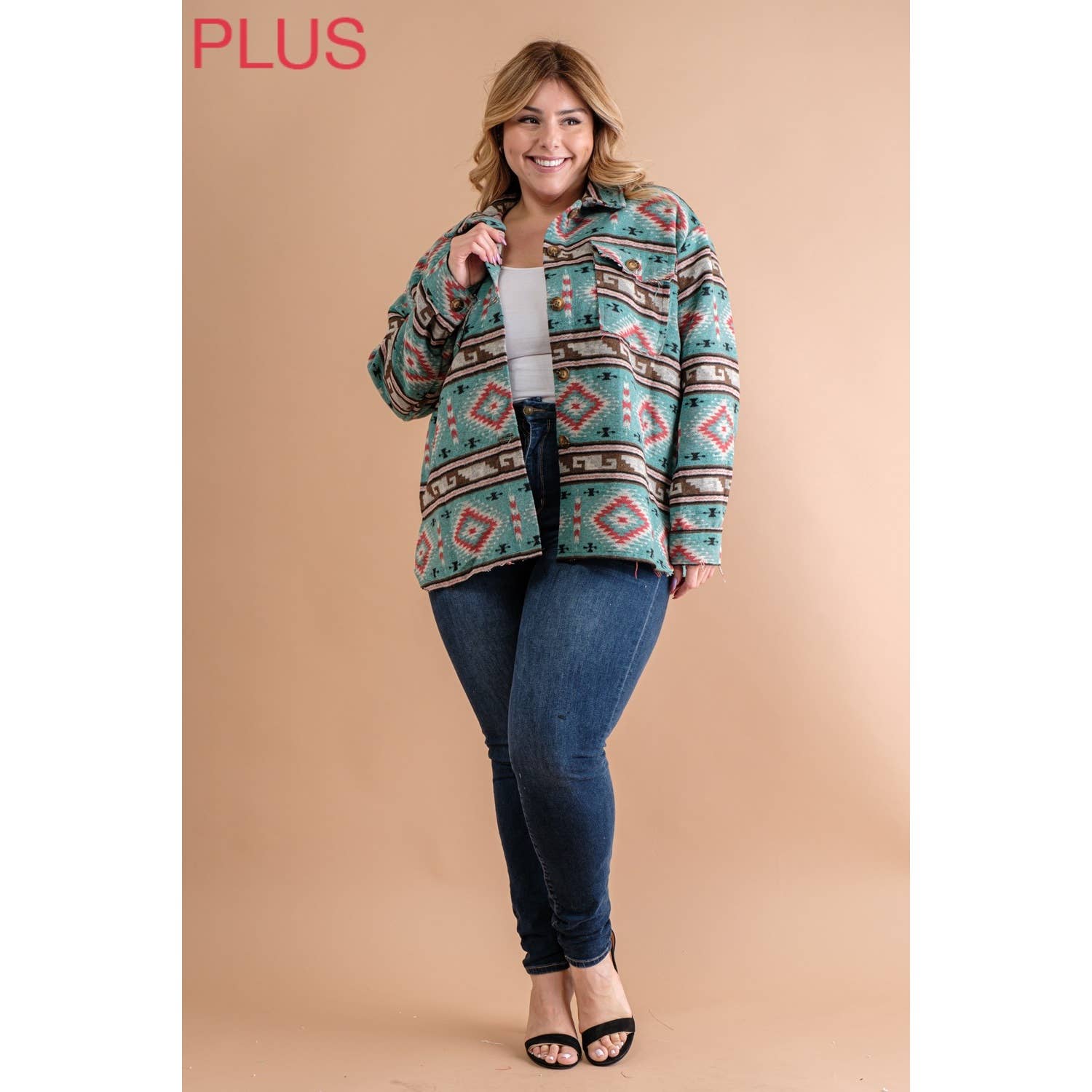 PLUS TRIBAL AZTEC PATTERN BUTTON DOWN SHIRT JACKET: Teal