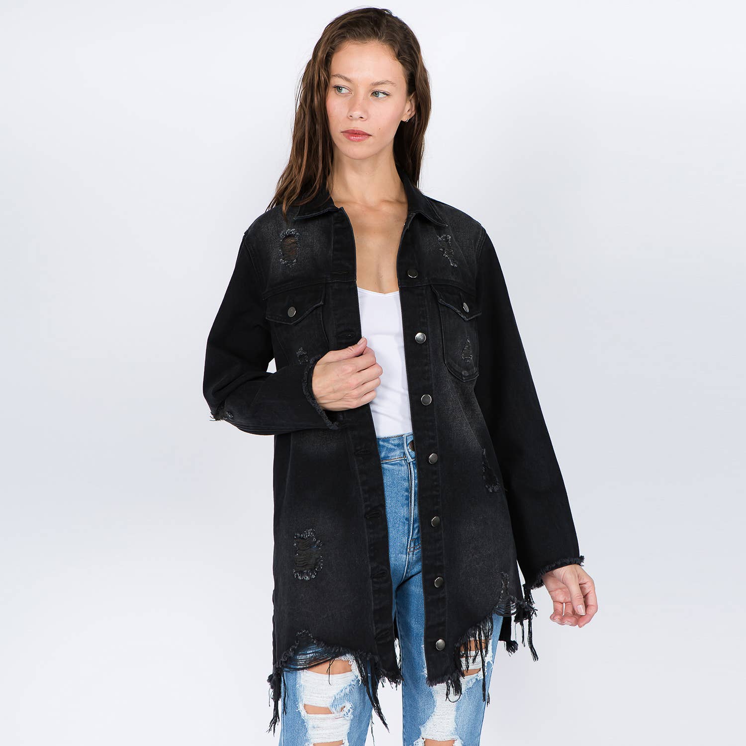 DISTRESSED DENIM SHIRT STYLE JACKET BLACK