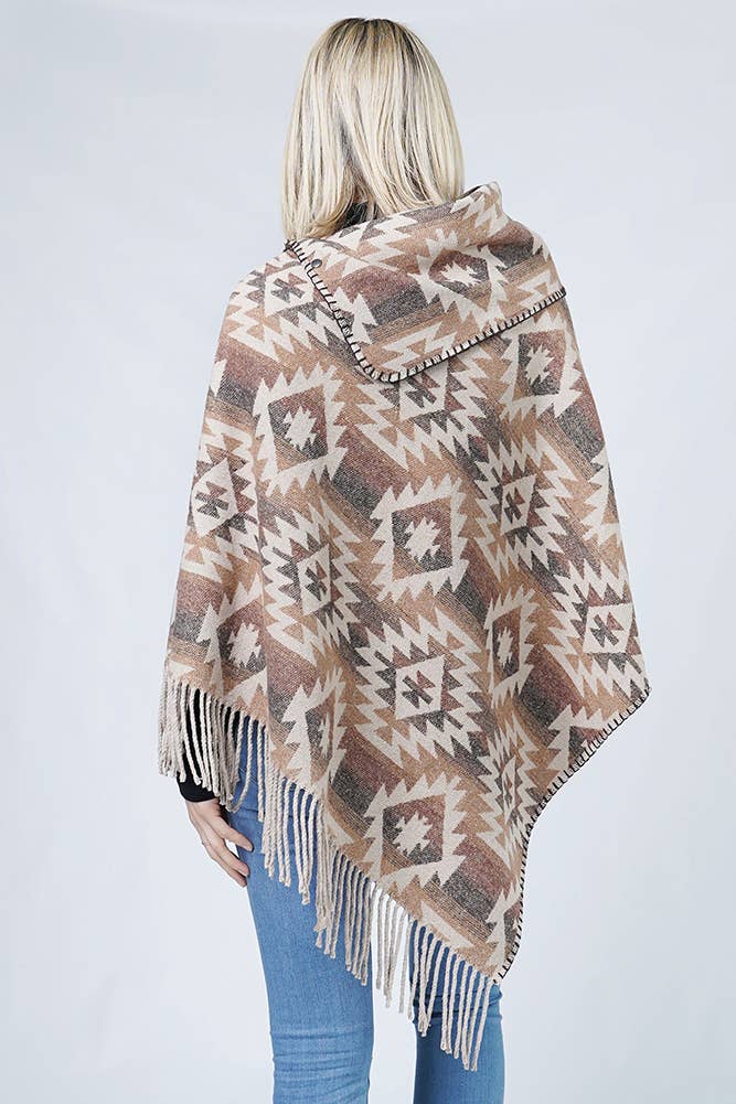 Western Pattern Tassel Poncho: Black