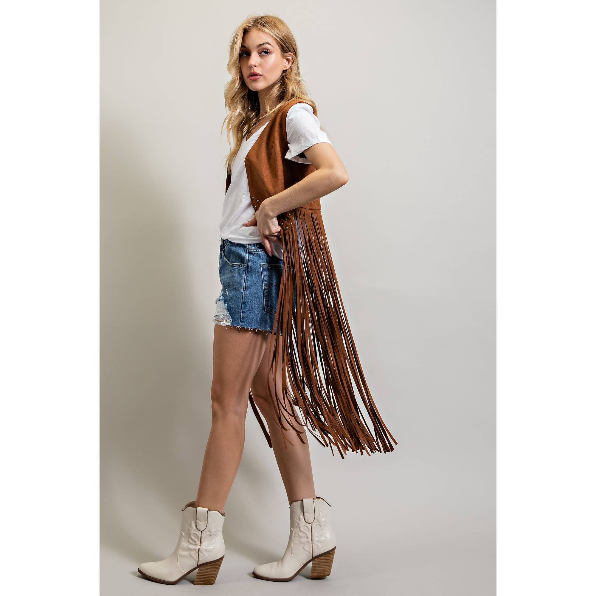 SUEDE STUDDED DETAIL FRINGE HEM VEST