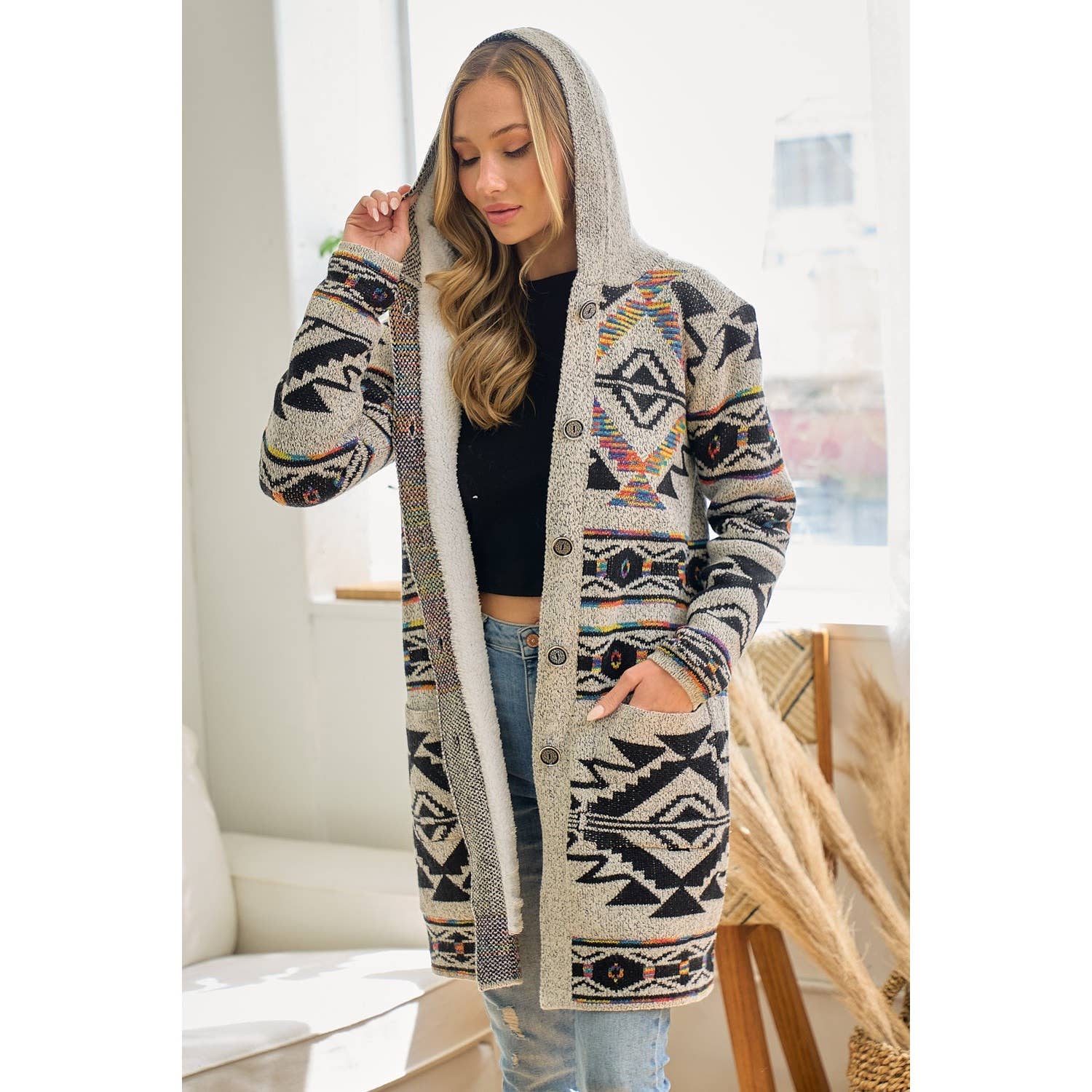 Rainbow Aztec Long Sleeve Hooded Sweater Cardigan: OATMEAL MULTI