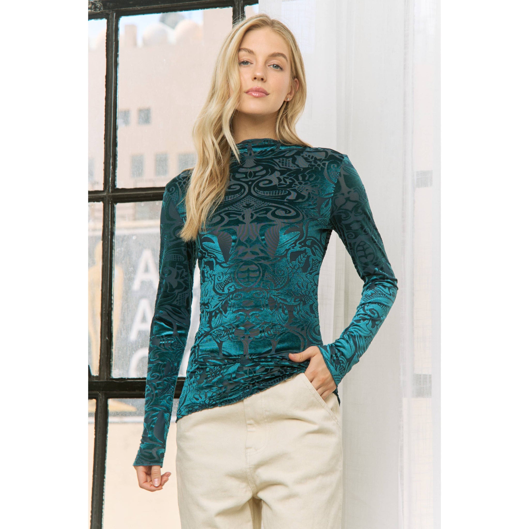 VELVET BURN OUT SLIM FIT HIGH NECKLINE TOP: