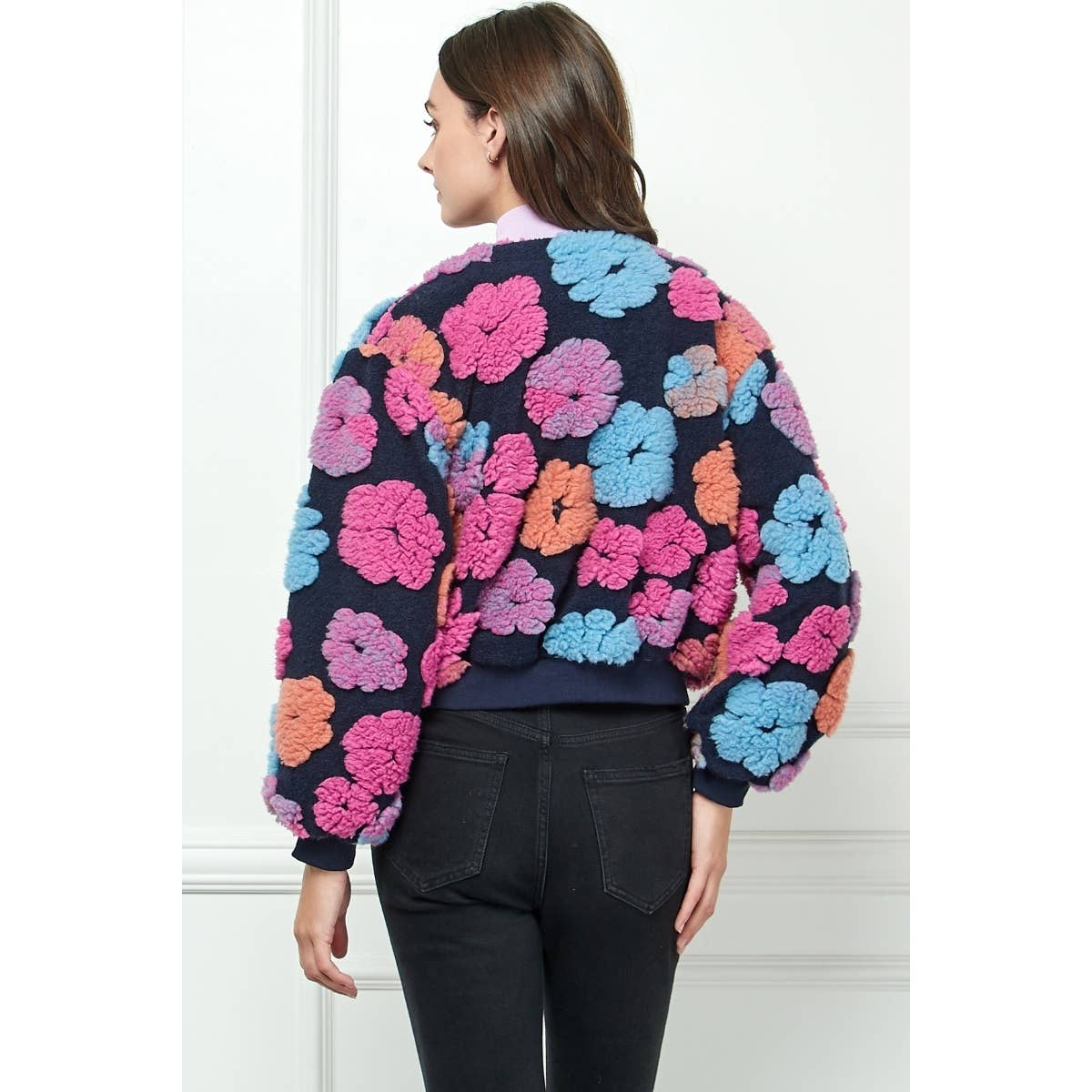 Felted Flower Puff Sleeve Button Jacket: Pink