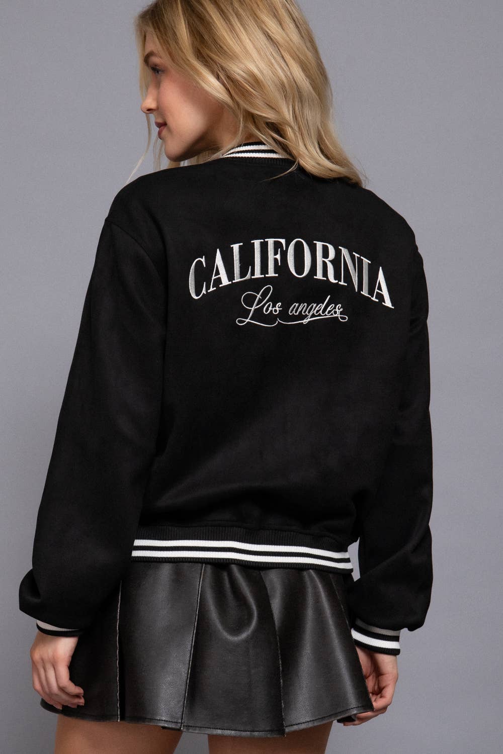 Long Sleeve Embroidery Detail Faux Suede Varsity Jacket: BLK