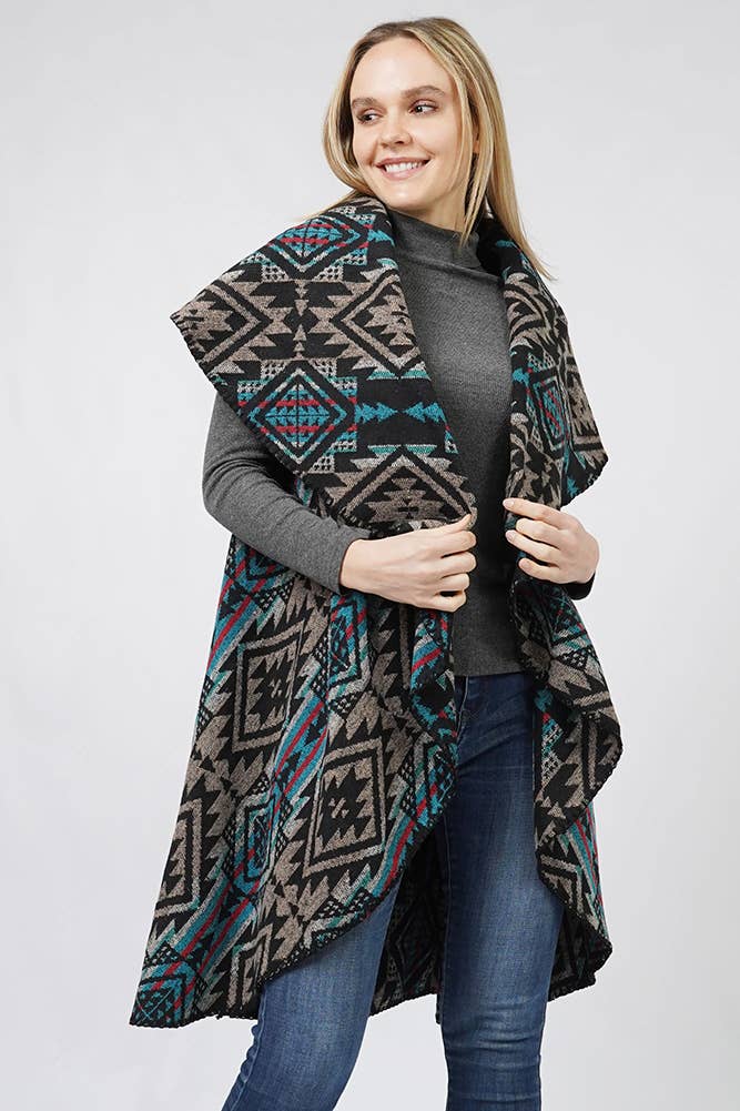 Aztec Reversible Round Shawl Vest: Taupe