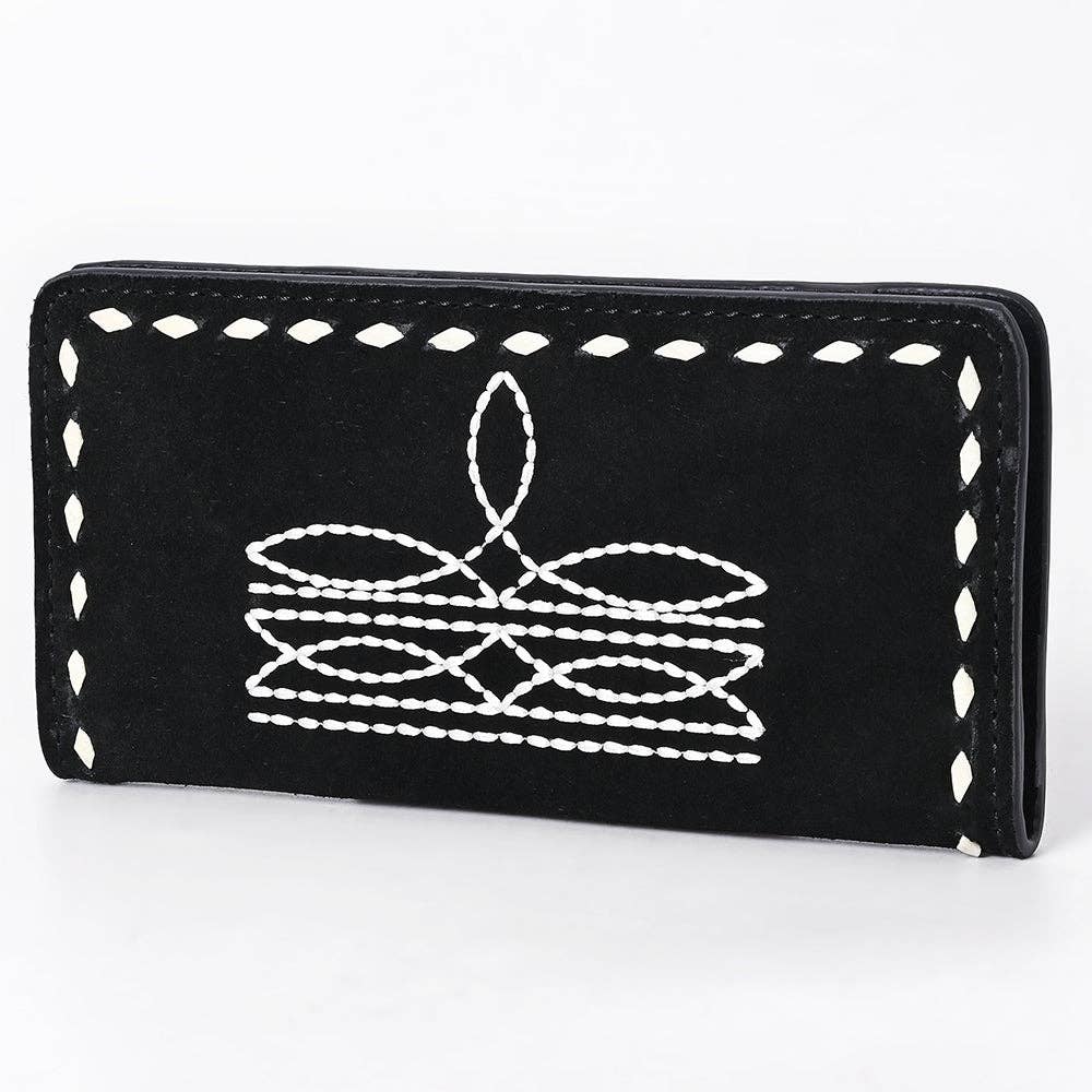 Black Suede Leather Wallet with White Whipstitch Embroidery: ADBG1687A