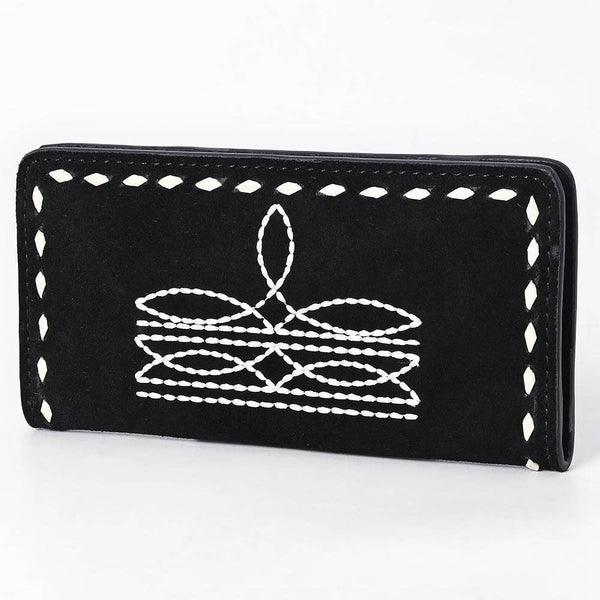 Black Suede Leather Wallet with White Whipstitch Embroidery: ADBG1687A