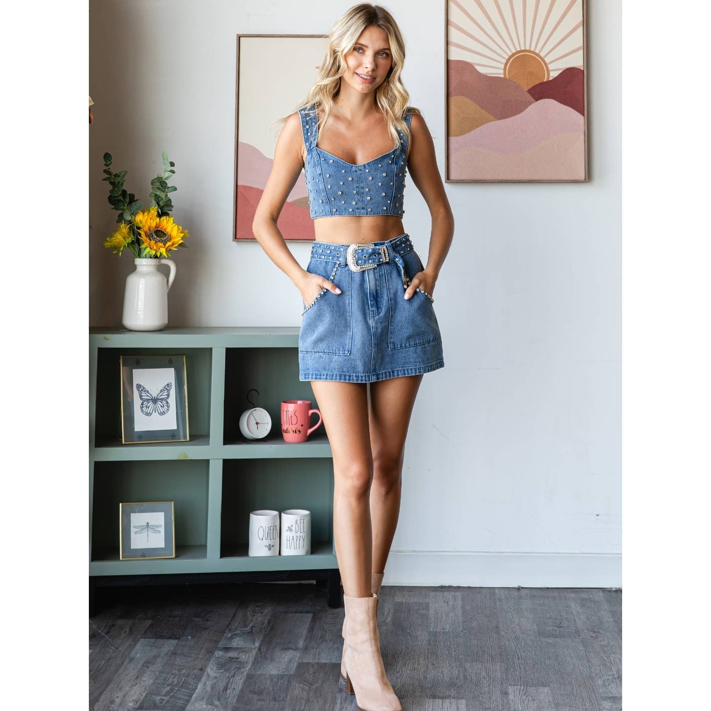 Rhinestone Belt Denim Tank Top: Med Wash