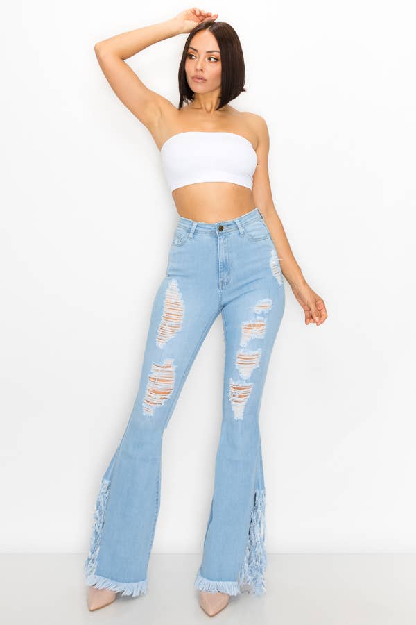 JAZZ-045 HIGH WAISTED DISTRESSED BELL BOTTOMS WOMEN JEANS: LIGHT BLUE