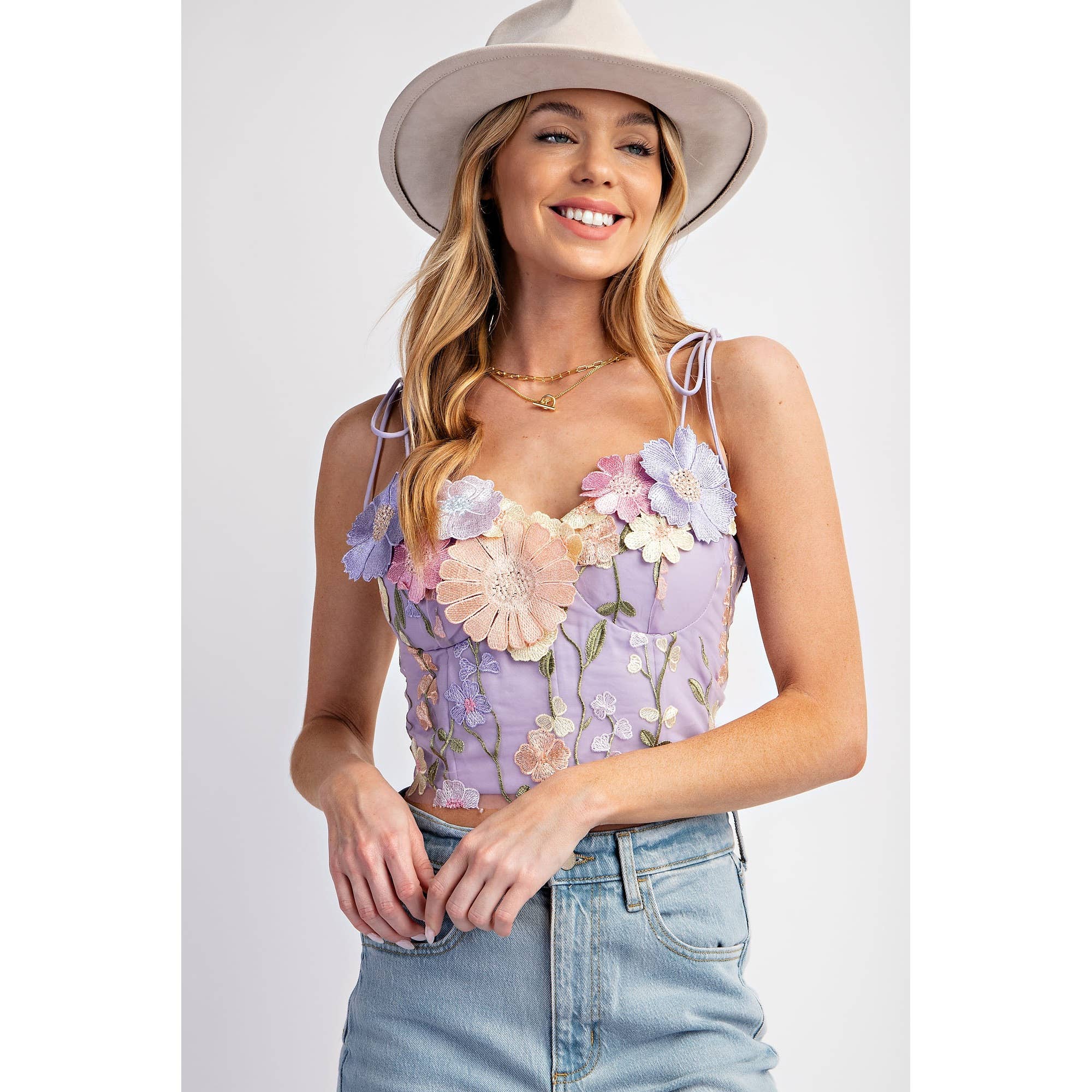 3D FLOWER EMBROIDERY TANK TOP: Lavender