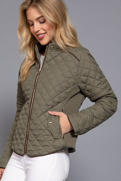 Suede Piping Detail Rib Quilted Padding Jacket