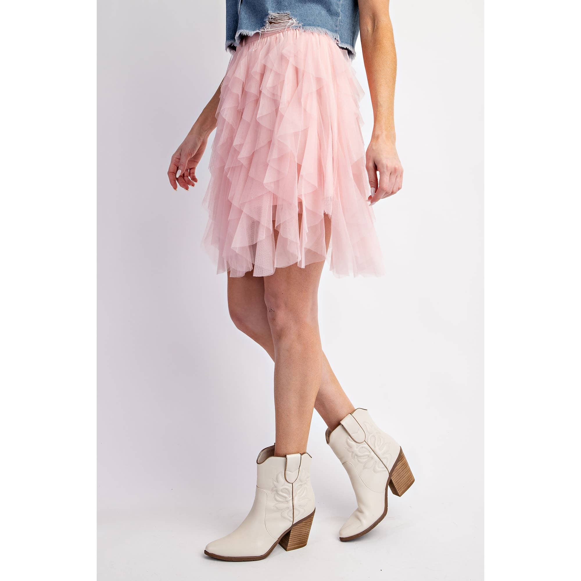 CASCADING TULLE MESH LAYERED MINI SKIRT: