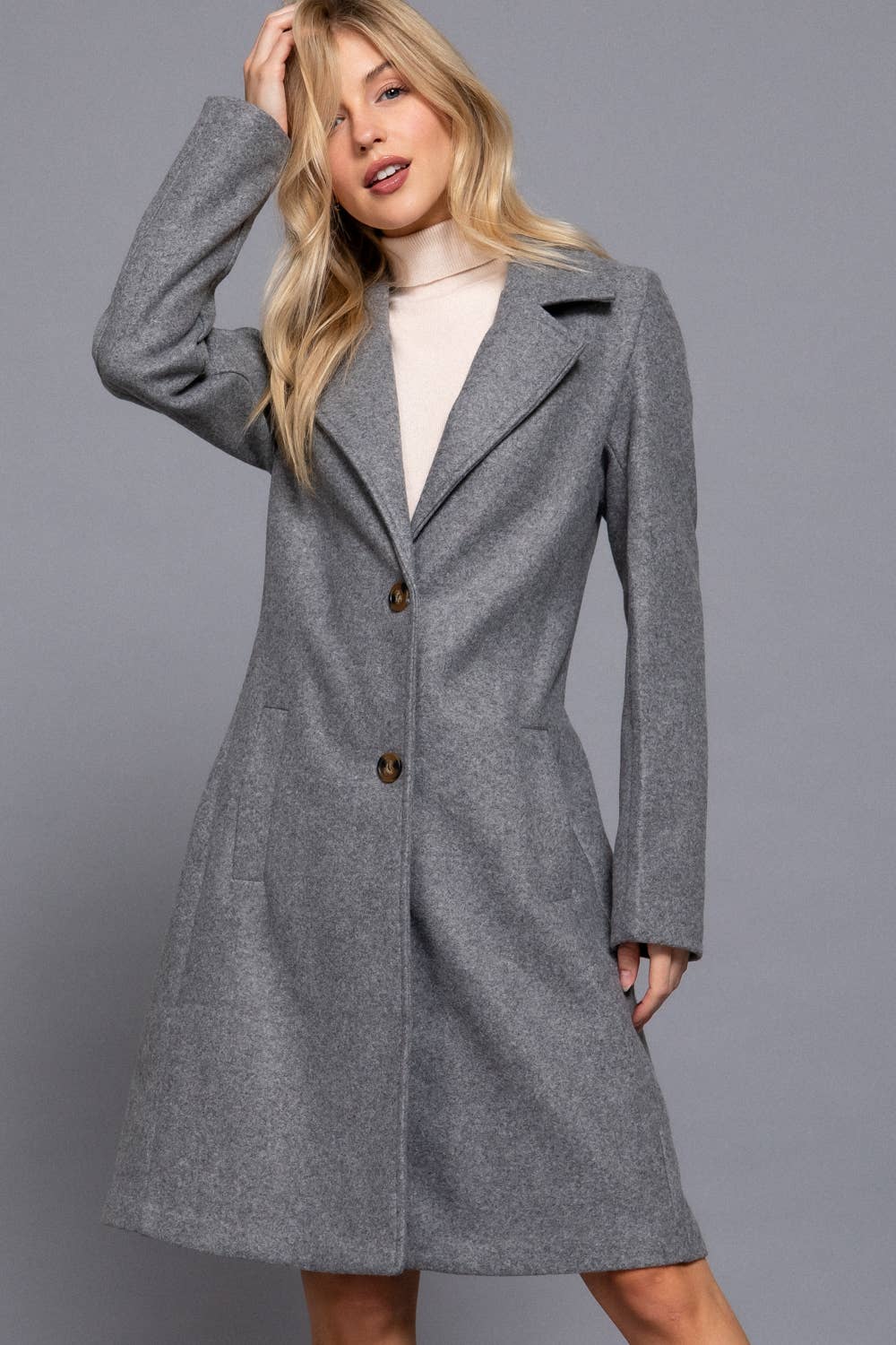 Long Sleeve A-Line Long Coat: HGY-h grey