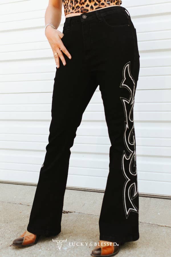 Black Boot Stitch Embroidery Jeans Inseam 32in