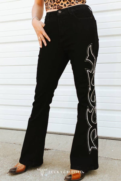 Black Boot Stitch Embroidery Jeans Inseam 32in