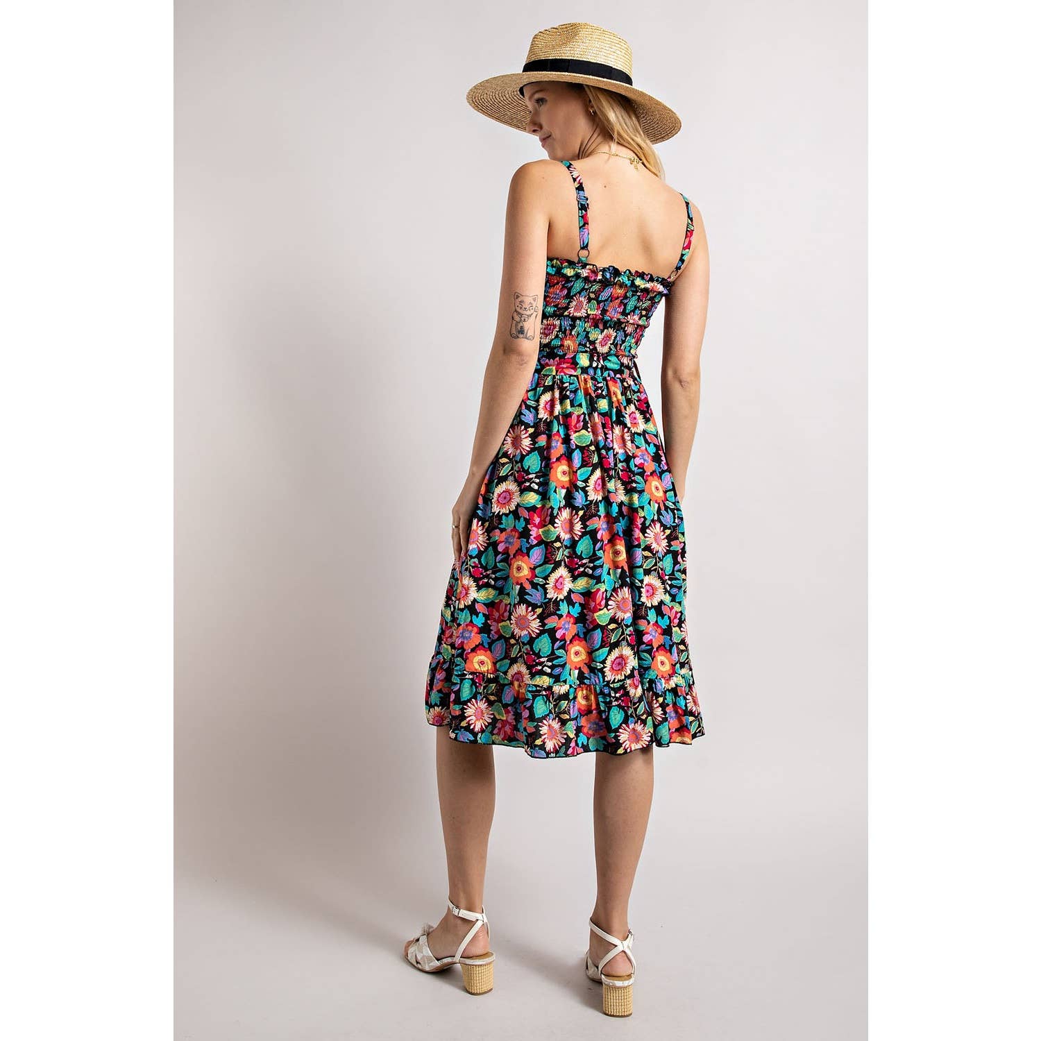 FLOWER PRINT SMOCKING DRESS: Black Combo