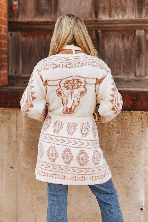 Ivory Cream Cowskull Printed Long Sleeve Cardigan