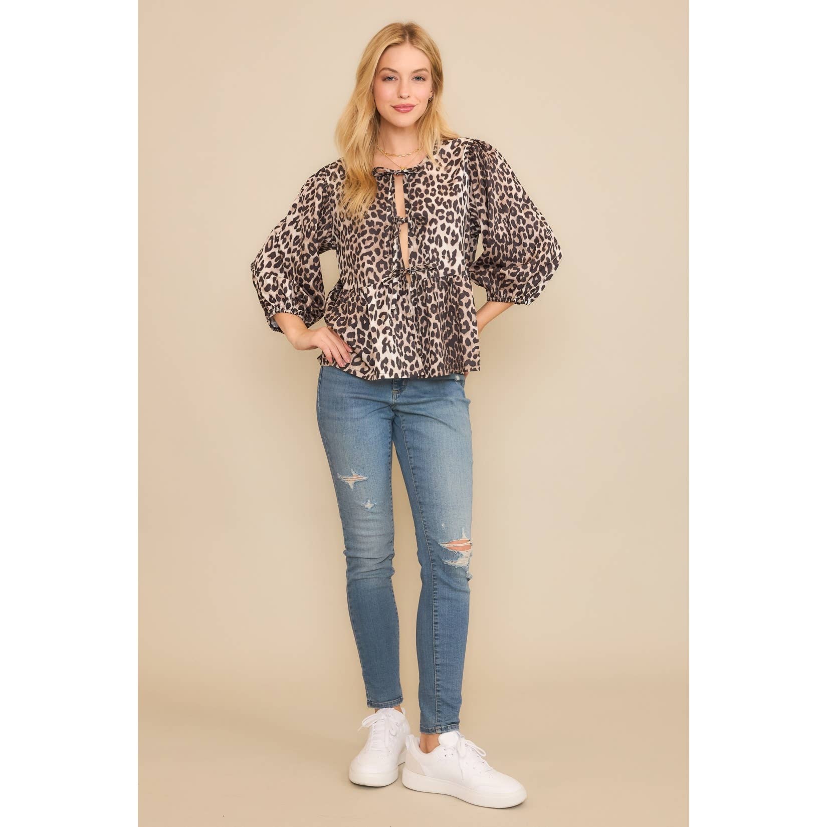 ANIMAL WOVEN PRINT OPEN FRONT BABYDOLL TOP BLOUSE WITH BOW D: Brown Multi