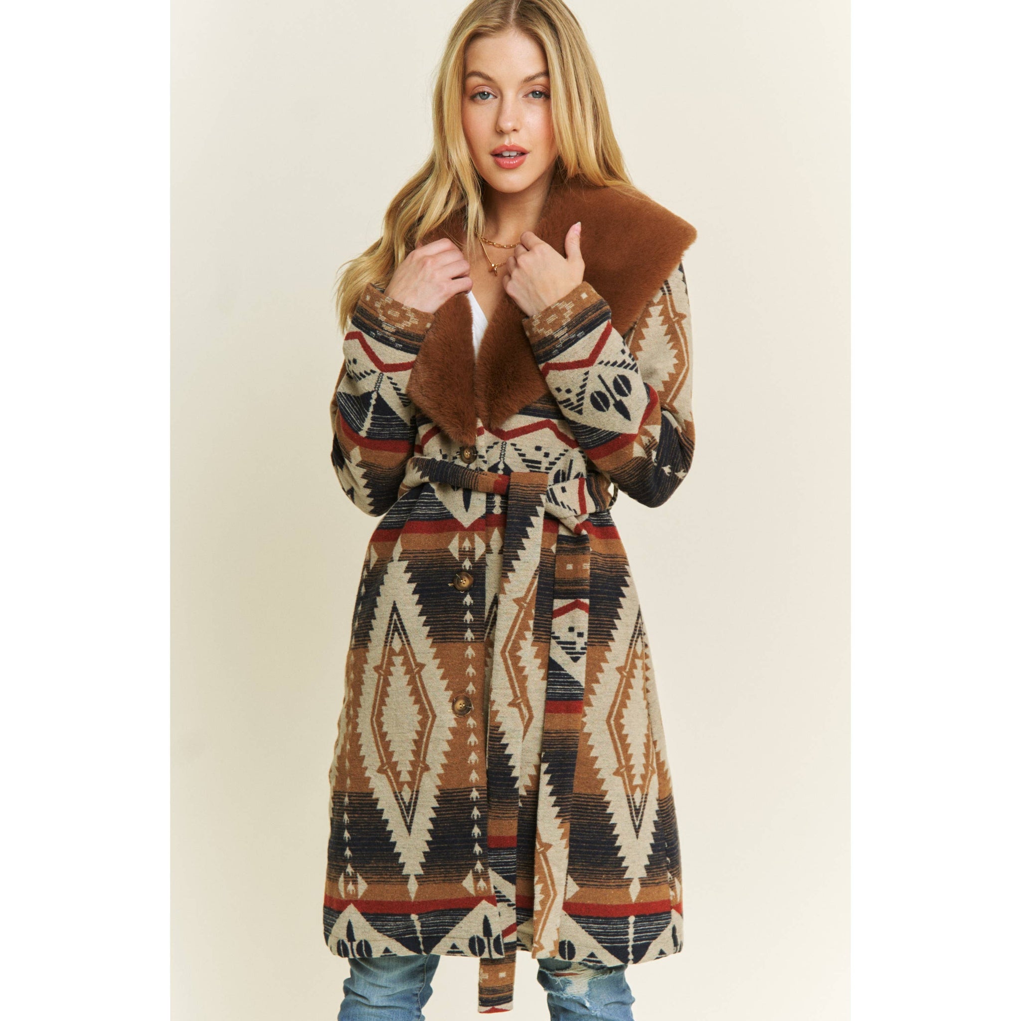 AZTEC JACKET SHACKET WITH CONTRAST FUR SHOWL COLLAR: Navy