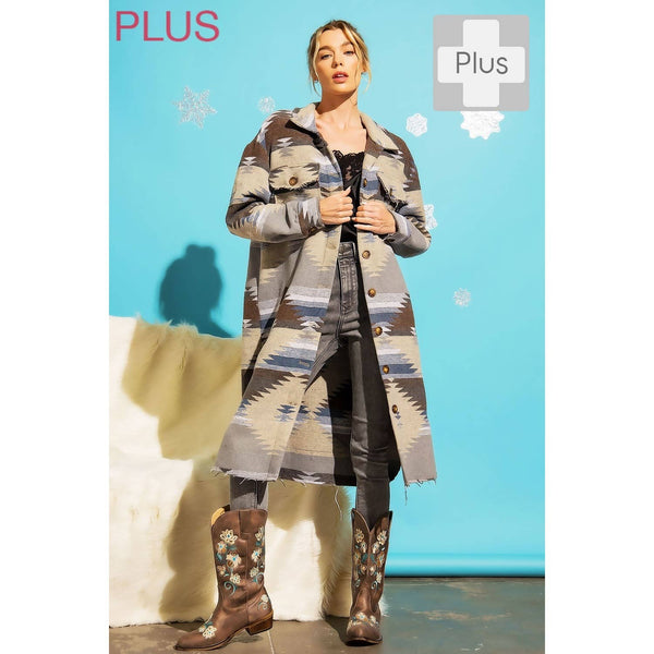 PLUS LONG TRIBAL AZTEC BUTTON DOWN SHIRT JACKET SHACKET:
