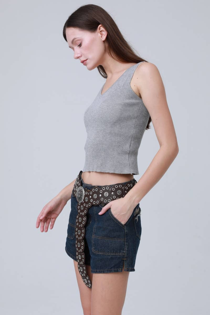 Boho Western Belt – Round Patch & Studded Detail: Brown