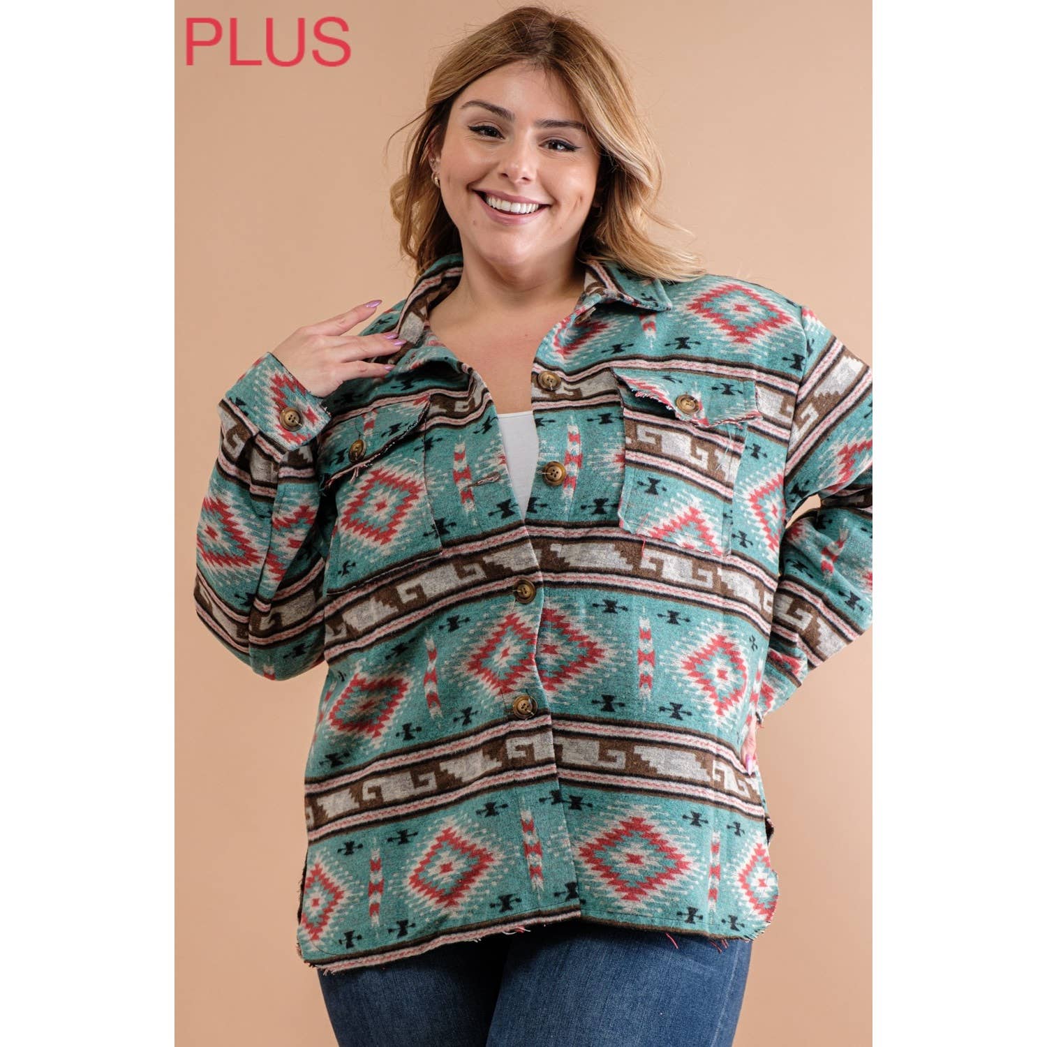 PLUS TRIBAL AZTEC PATTERN BUTTON DOWN SHIRT JACKET: Teal