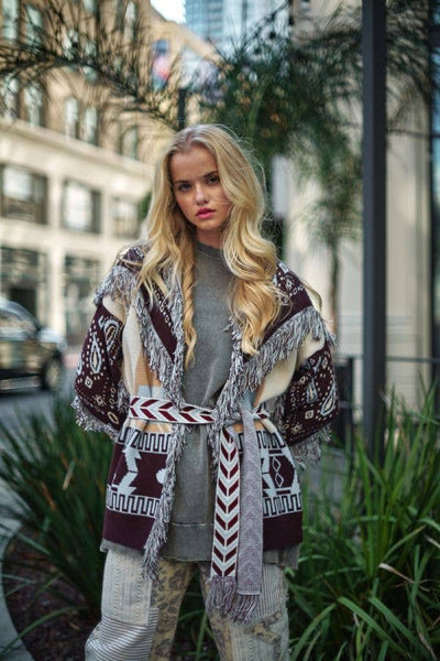 Fringe Trim Jacquard Knit Belted Cardigan: BLUE BROWN