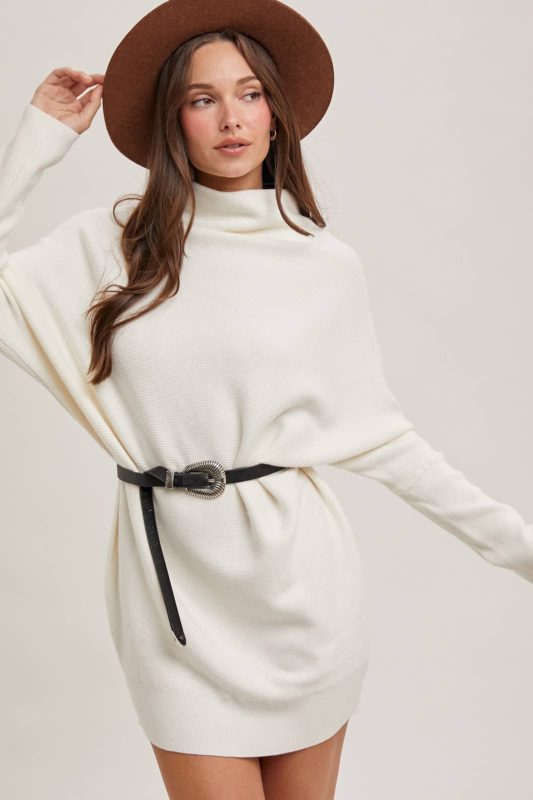 SLOUCH NECK DOLMAN TUNIC SWEATER: LATTE