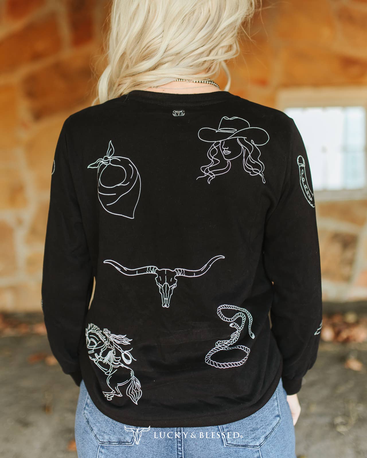 Black Western Printed Round Neck Pull Over Sweater: