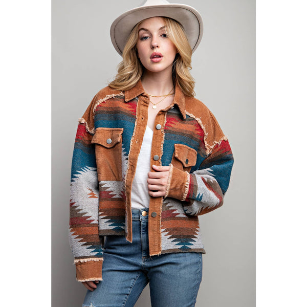 TRIBAL AZTEC PATTERN COLORBLOCK BUTTON DOWN SHIRT JACKET: