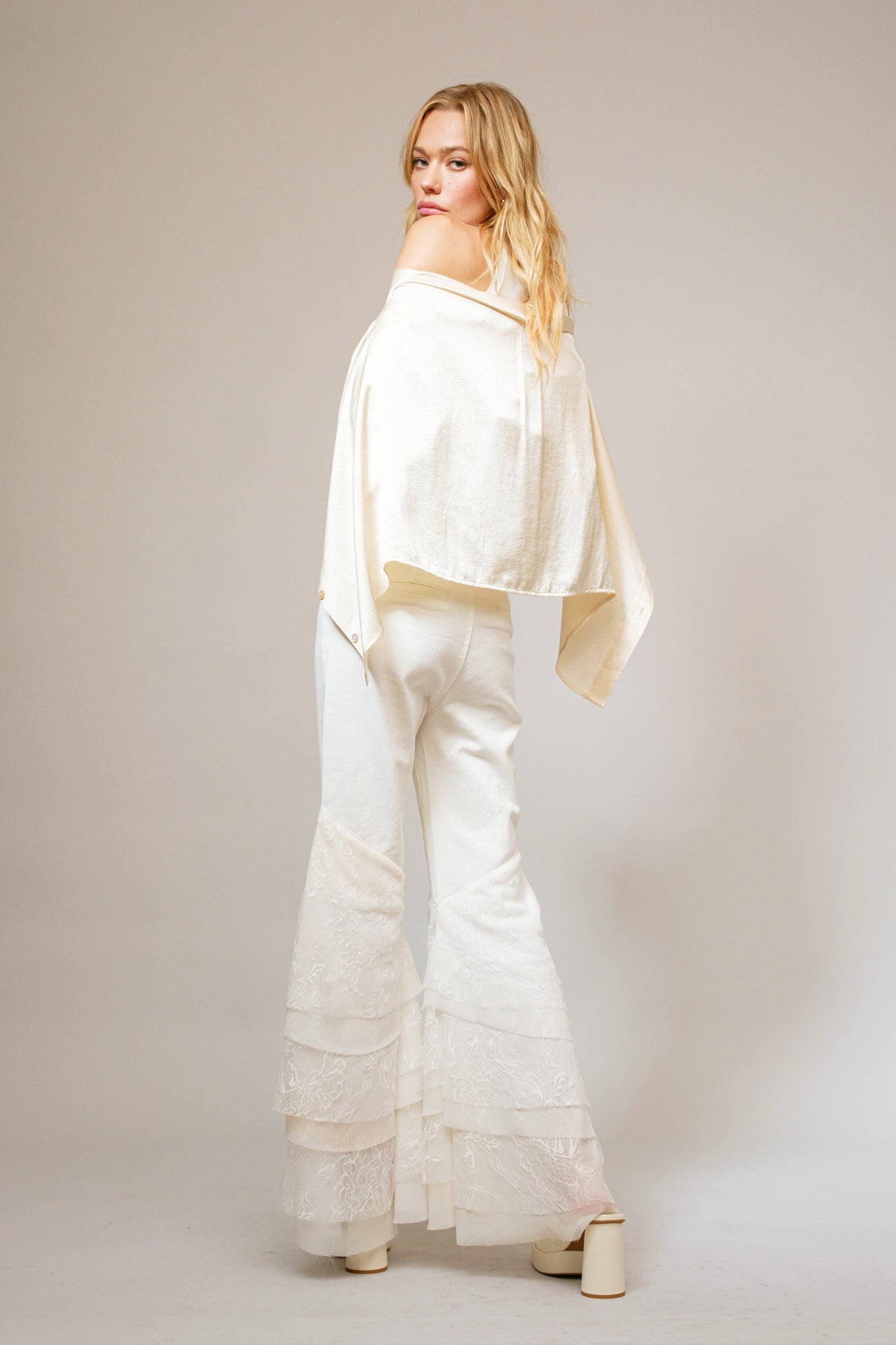 15503P - Mid Rise Lace Tiered Flare Denim Jeans: White