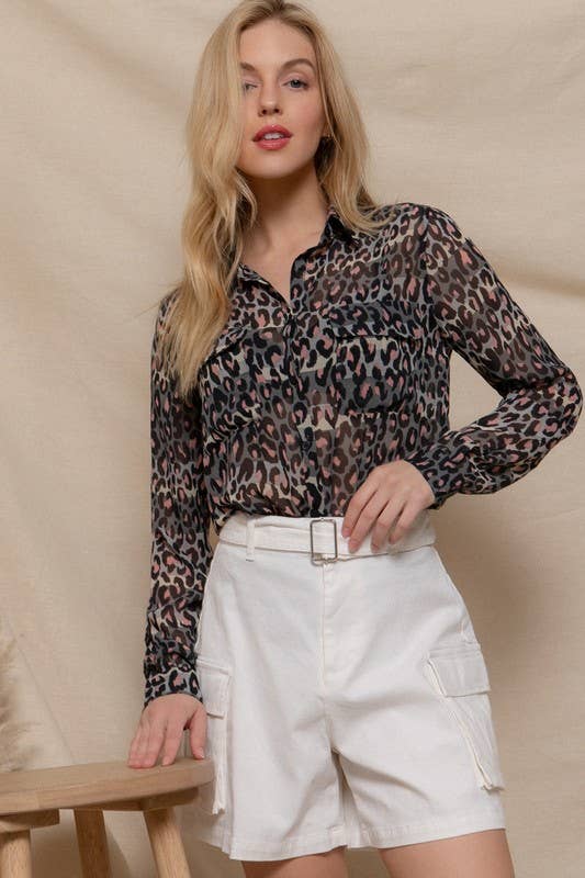Long Sleeve Animal Print Chiffon Top: Gry-Grey/pink