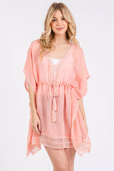 Crochet Trim Front Drawstring Cover Up: CO