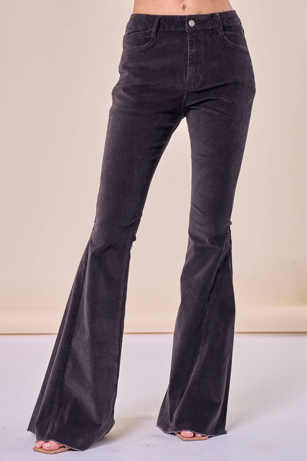 SIP6144A CHARCOAL CORDUROY FLARES WITH DISTRESSED HEM