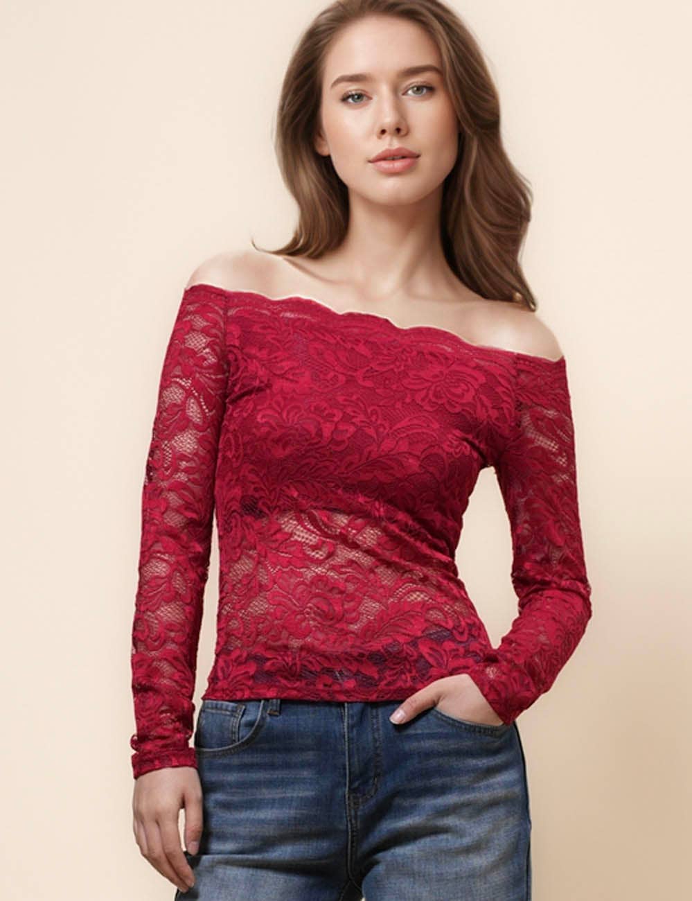 Ladies Floral Lace Off Shoulder See Sheer Layring Top