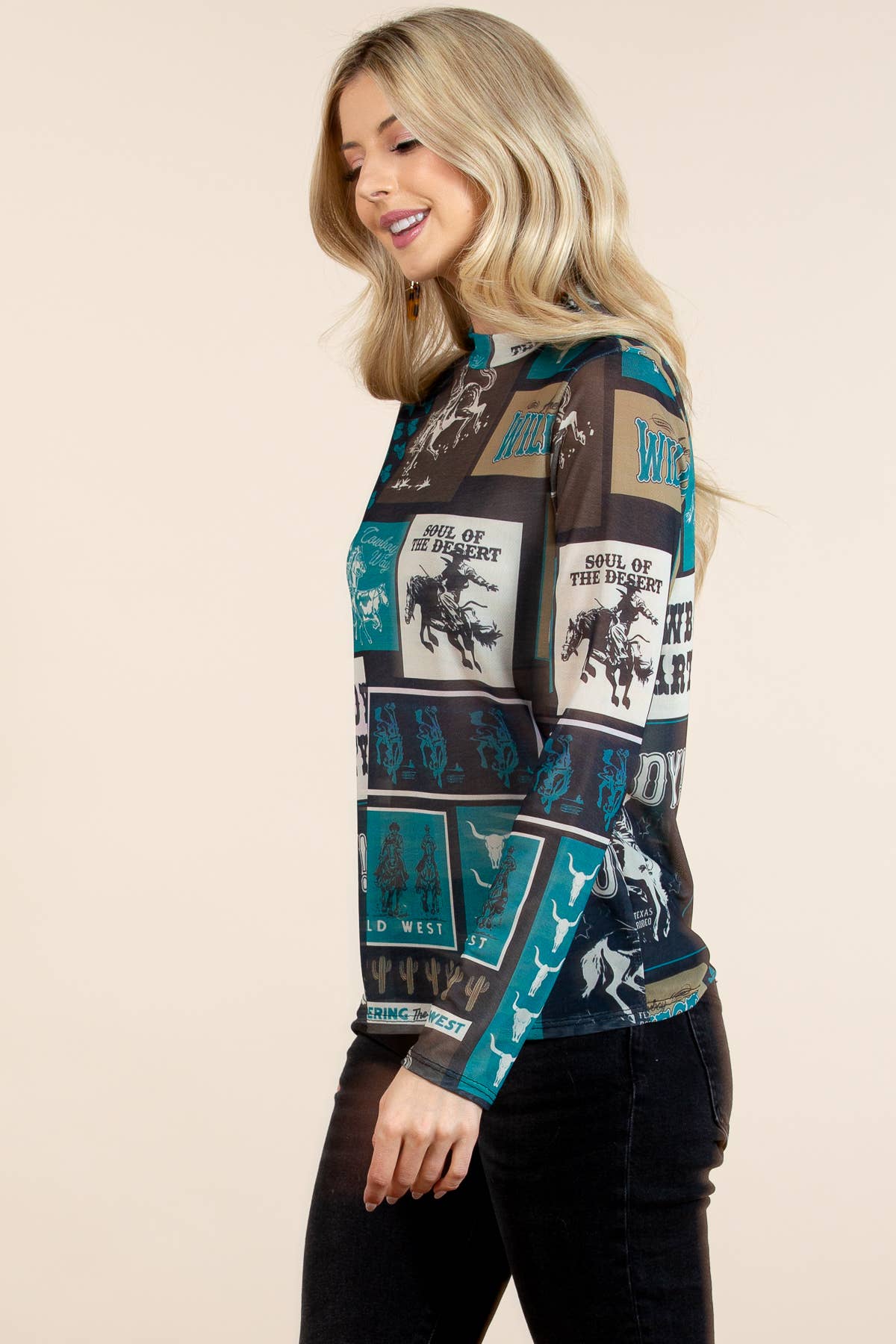 T1502-6010A-Remini Teal Cowboy Party Mesh Print Mock Neck To: WESTERN PRINT