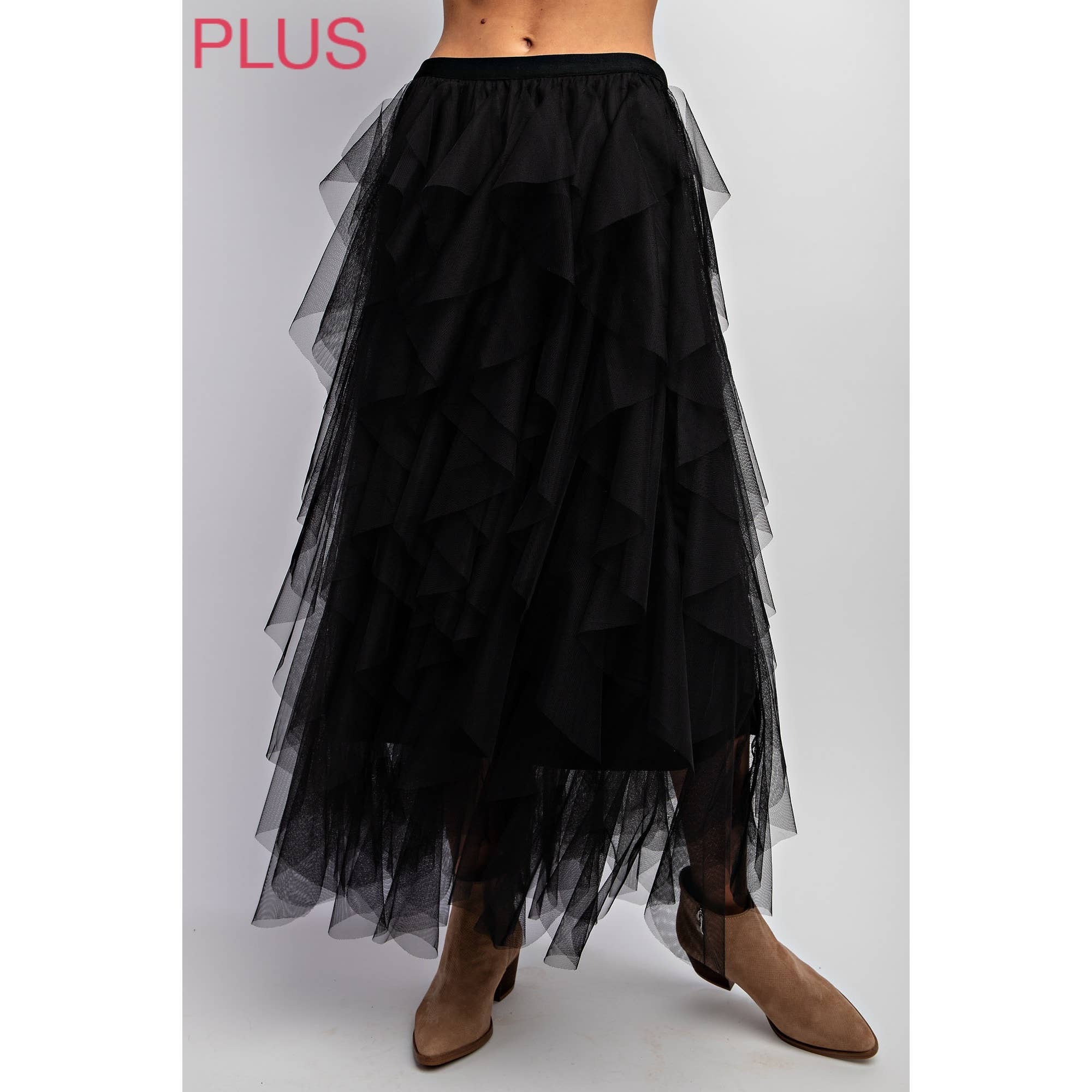 PLUS CASCADING TULLE MESH LAYERED MAX SKIRT: Black