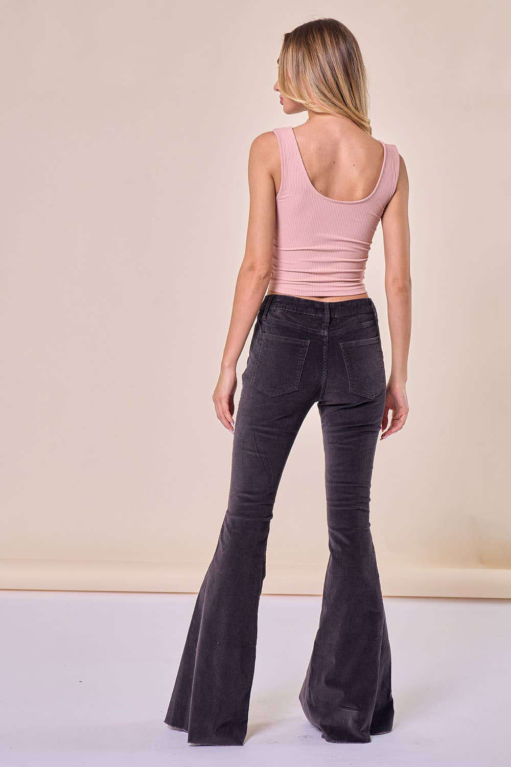 SIP6144A CHARCOAL CORDUROY FLARES WITH DISTRESSED HEM