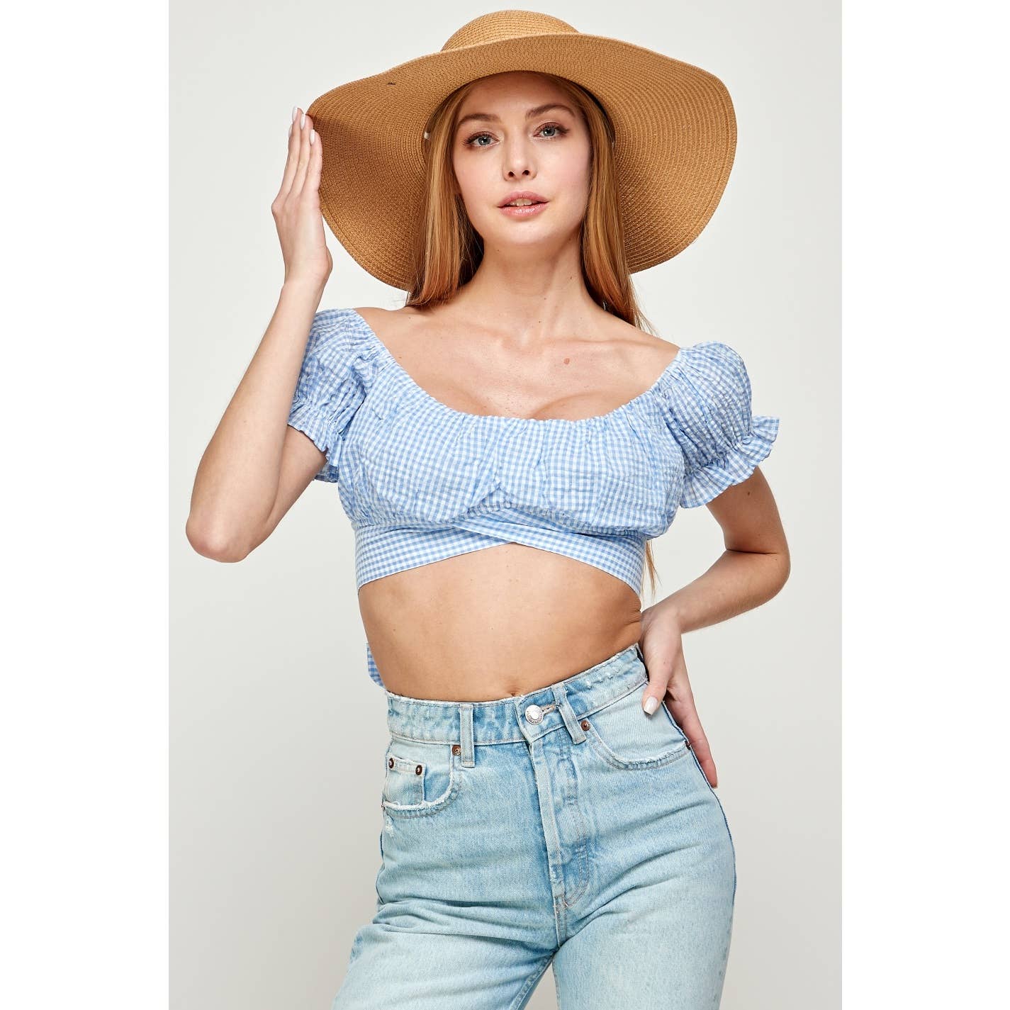 OFF SHOULDER PLEATED CROP TOP WITH BACK RIBBON TIE