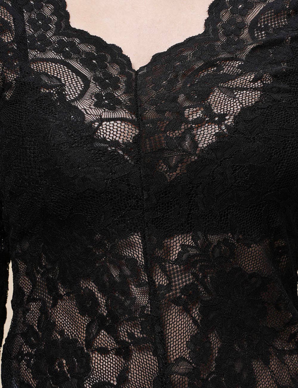 Ladies V-Neck Floral Lace See Sheer Layering Top Pullover