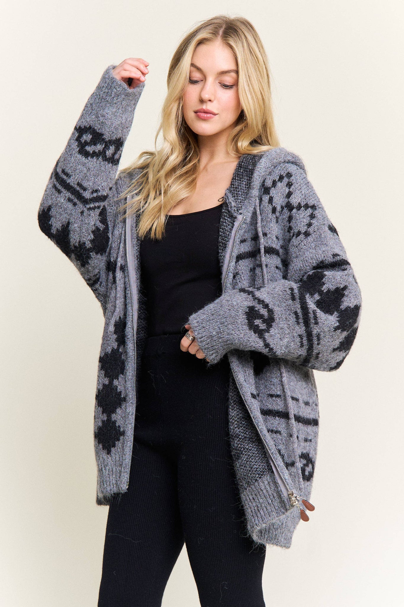 CESW4139-ZIP-UP AZTEC HOODED KNIT CARDIGAN:ONESIZE