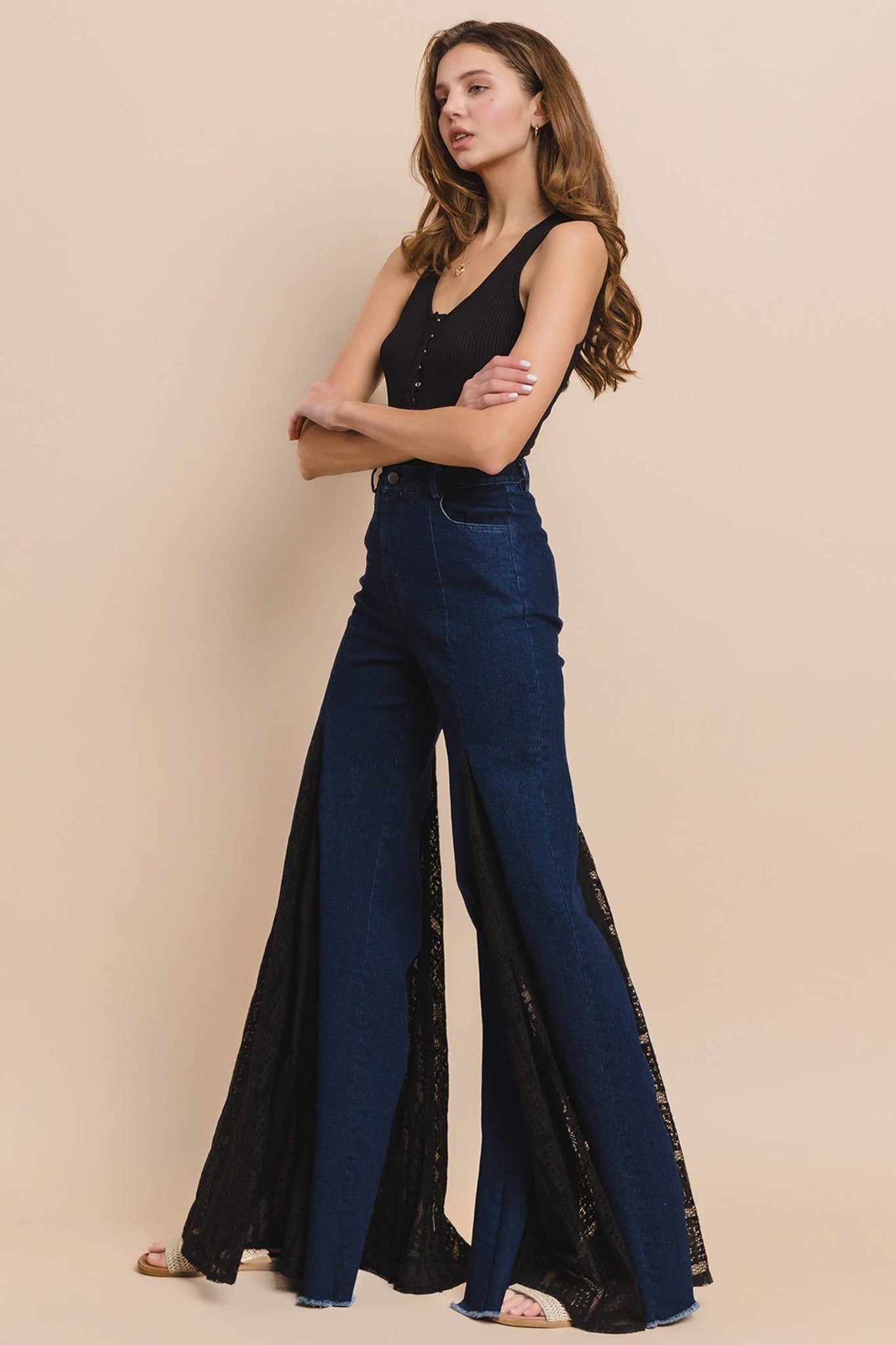 LACE DETAIL WIDE LEG JEANS 2481PIB DK DENIM : DARK DENIM