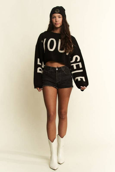 BE YOUR SELF SWEATER CROP TOP: Black