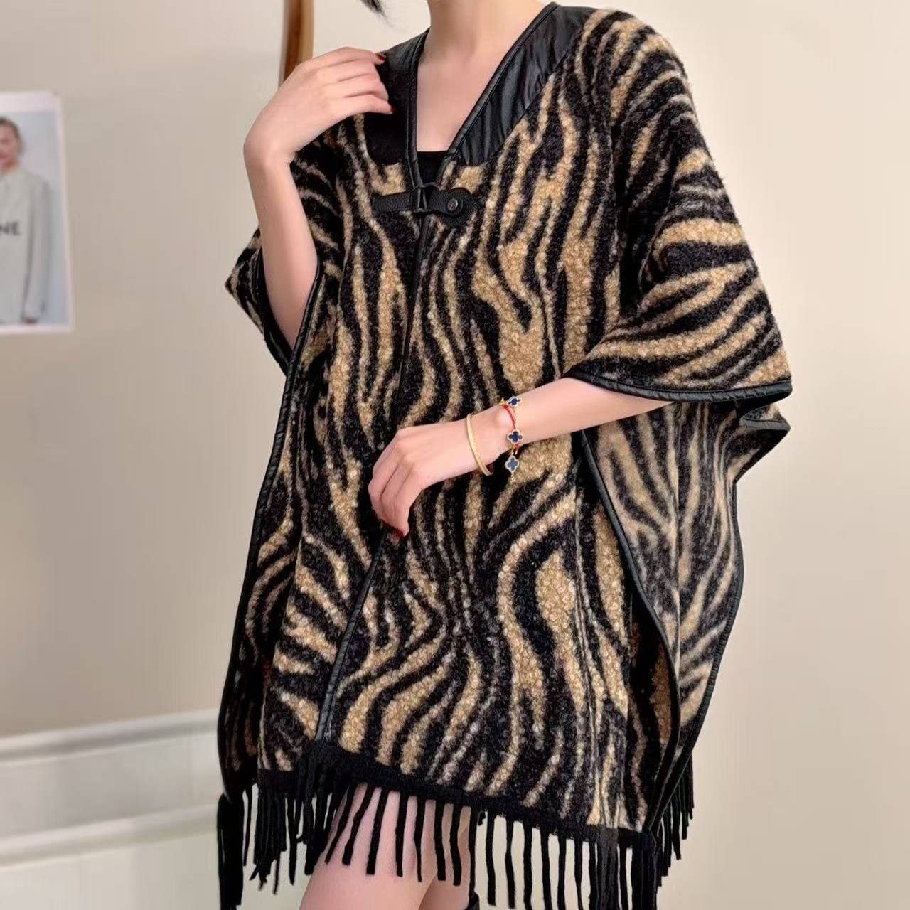 Zebra Print Poncho with Fringe