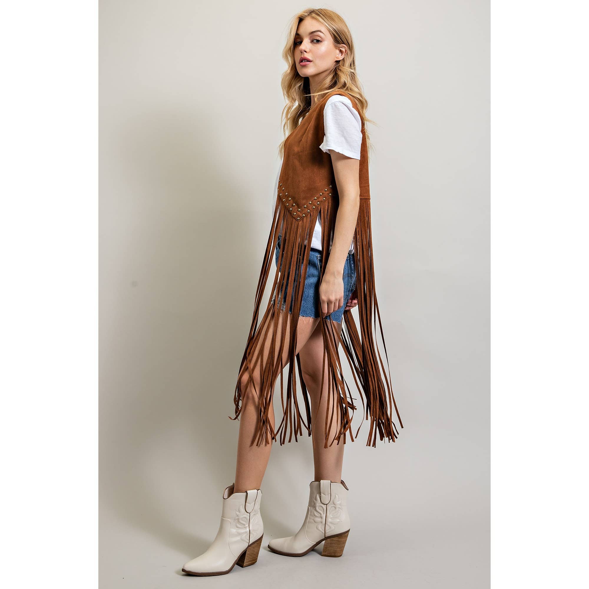 SUEDE STUDDED DETAIL FRINGE HEM VEST