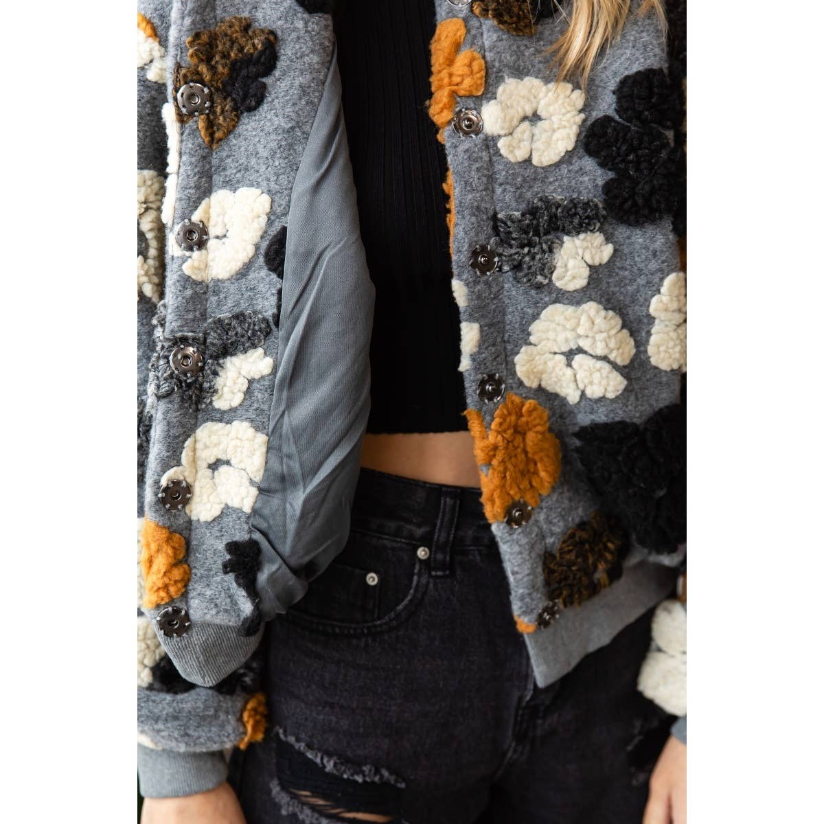 Felted Flower Puff Sleeve Button Jacket