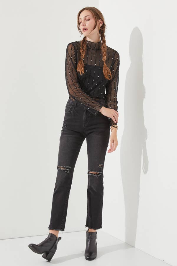 PLUS SIZE MOCK NECK MESH FLOCKED TOP: BLACK