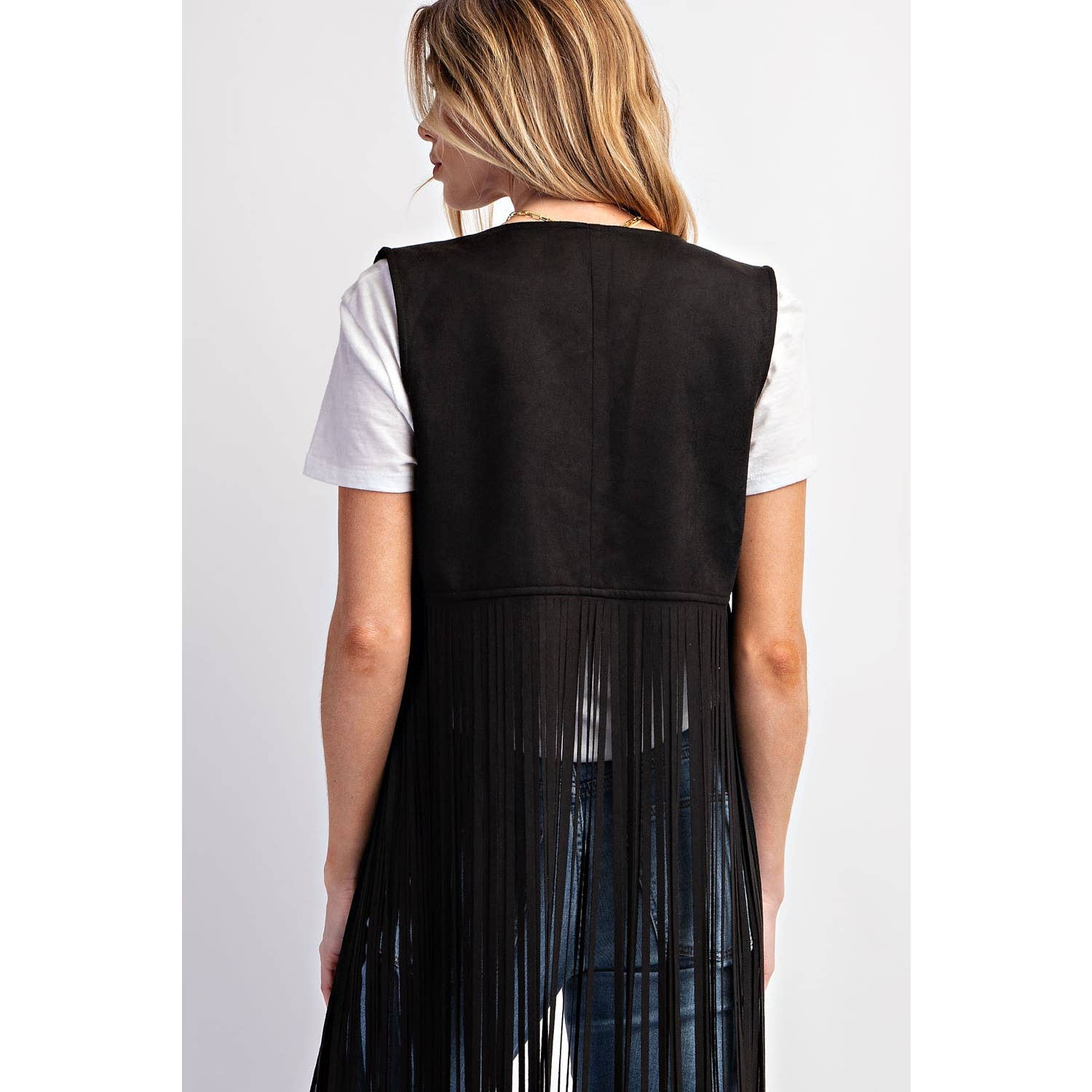SUEDE STUDDED DETAIL FRINGE HEM VEST: Black