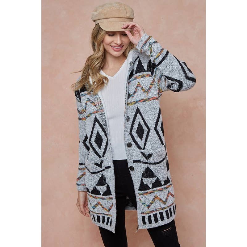 Aztec Rainbow Long Sleeve Hoodie Cardigan w_Sherpa