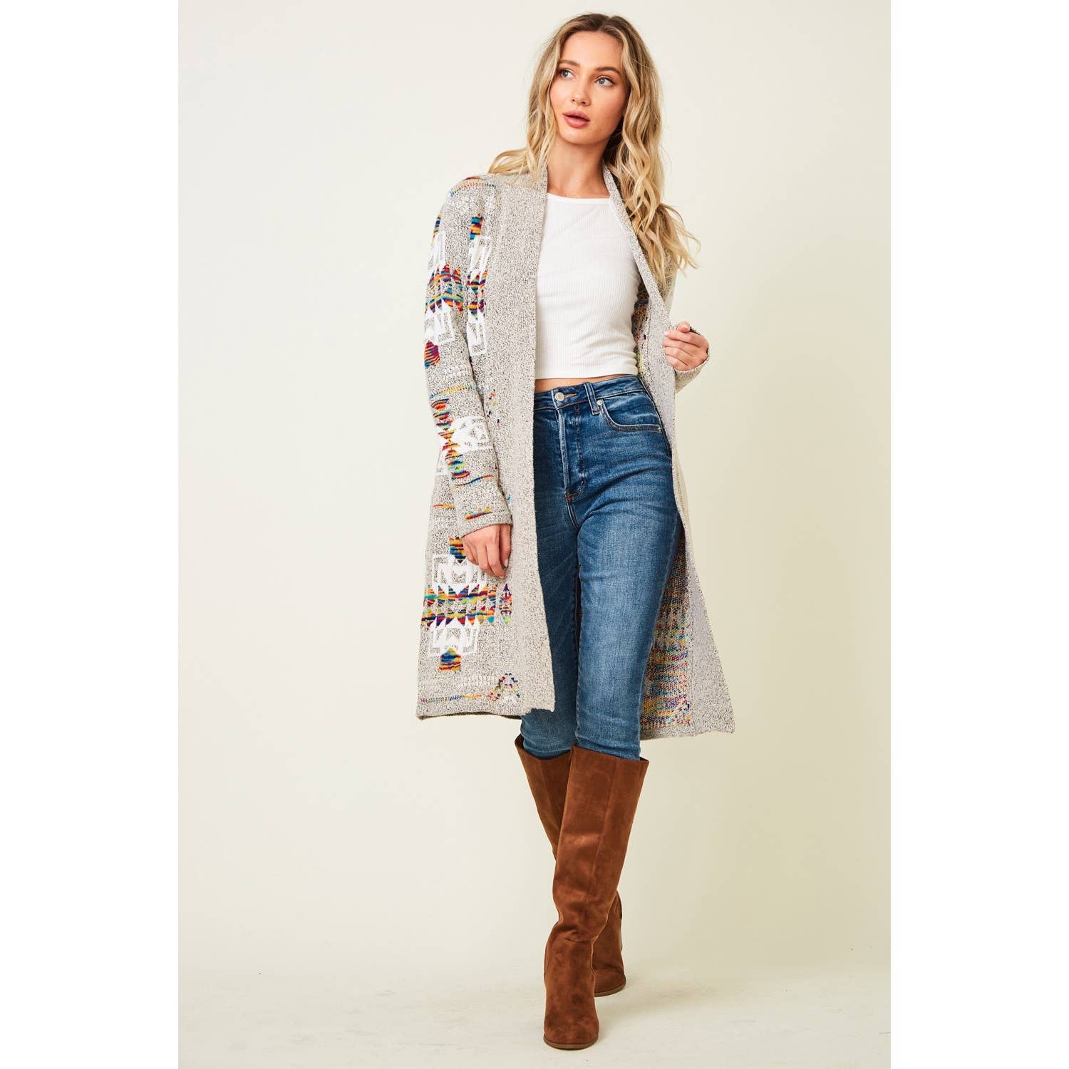 Print Long Sleeve Open Front Cardigan: